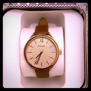 Rose Gold Fossil Watch with Brown Leather Band